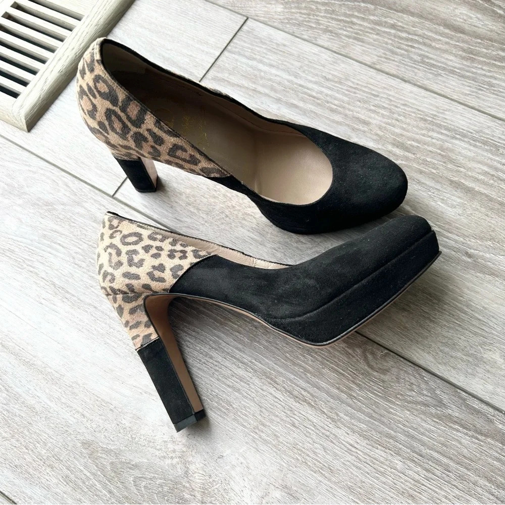 Leopard Black Suede Leather Block Heel Pumps Made in Italy